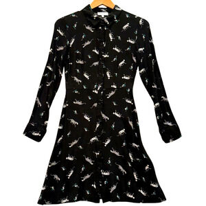Warehouse Black Crepe Shirt Dress Leopard & Green Floral Graphic Size 4 Twee